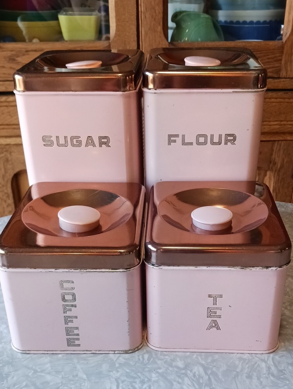 Vintage~ Pink & Copper Kitchen Canister Set - Sugar, Flour, Coffee, Tea
